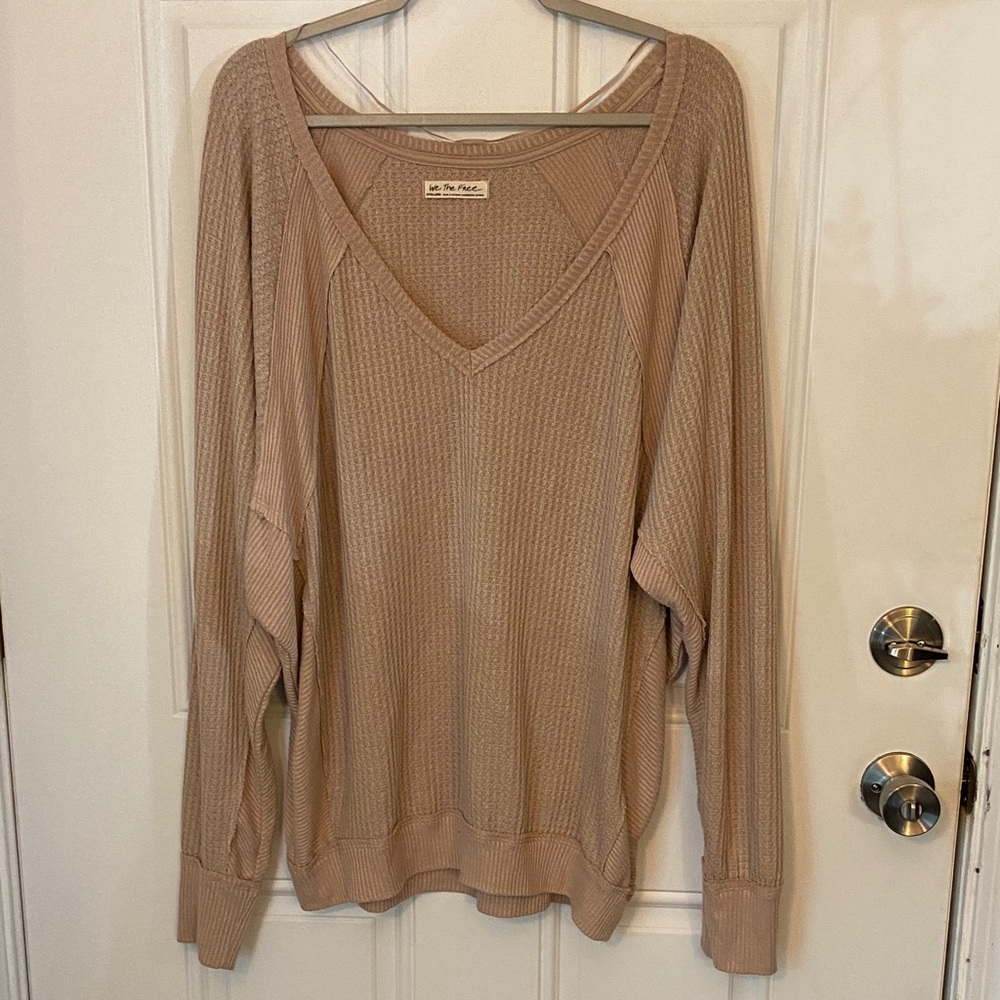 We The Free Tan Textured Waffle Knit v-neck long sleeve Top with ribbing detail
